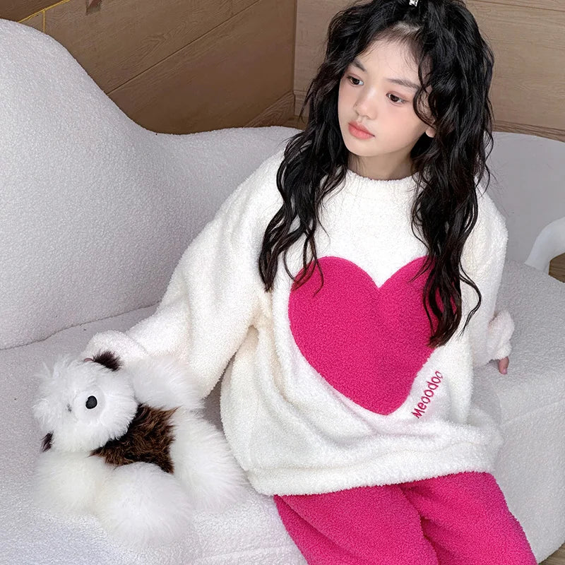 Babs Heart Print Graphic Plush Girls Pajamas for Children's Pajamas Christmas Autumn Winter Sleepwear Set Warm pajama Girl Loungewear