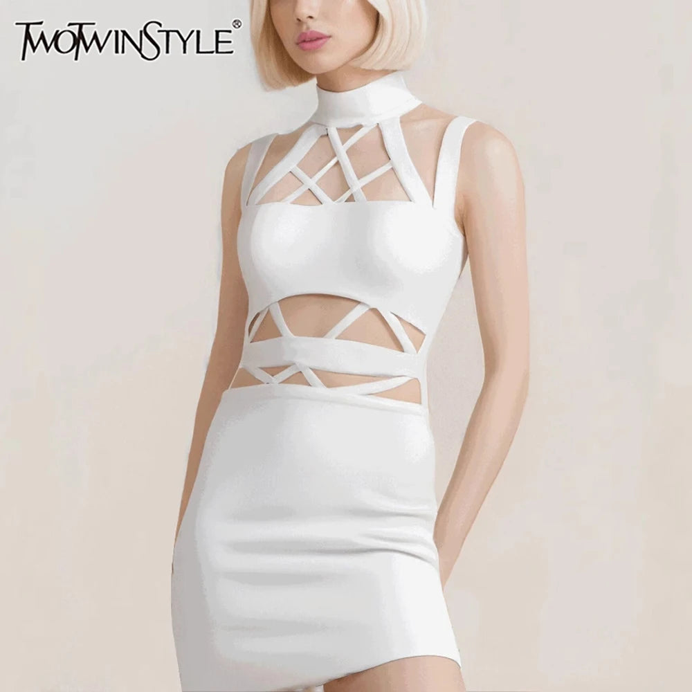 Maxy TWOTWINSTYLE Hollow Out Dresses For Women Stand Collar Sleeveless High Waist Slimming Solid Mini Dress Female Fashion Clothing