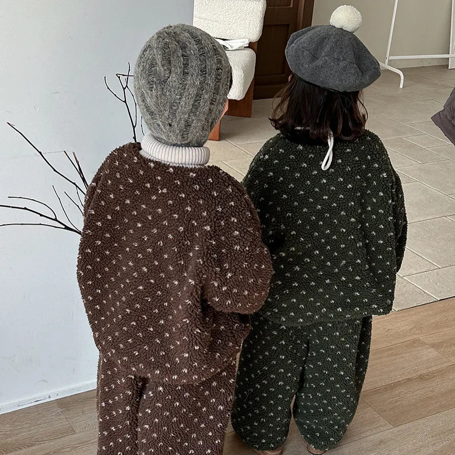 Maxy Girls Suits Children Winter Lamb Wool and Fleece Hoodie Boys Girls Baby Thick Bloomers Two-piece Set Korean Simple Style