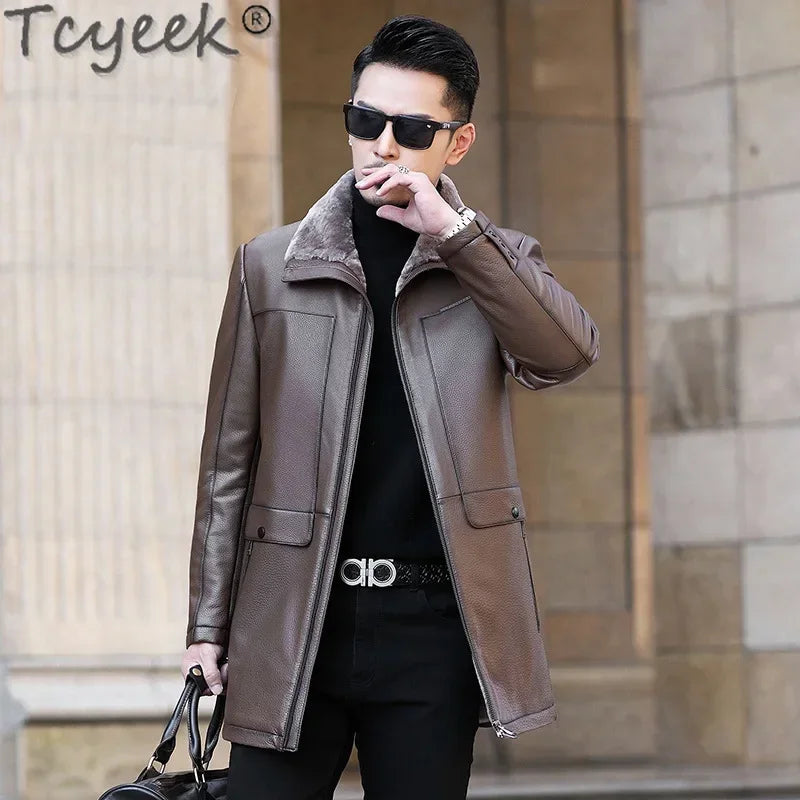 Tcyeek Genuine Leather Jacket Men Business Casual Real Cowhide Coats for Man Thickened Warm Wool Jackets Winter Clothes Overcoat