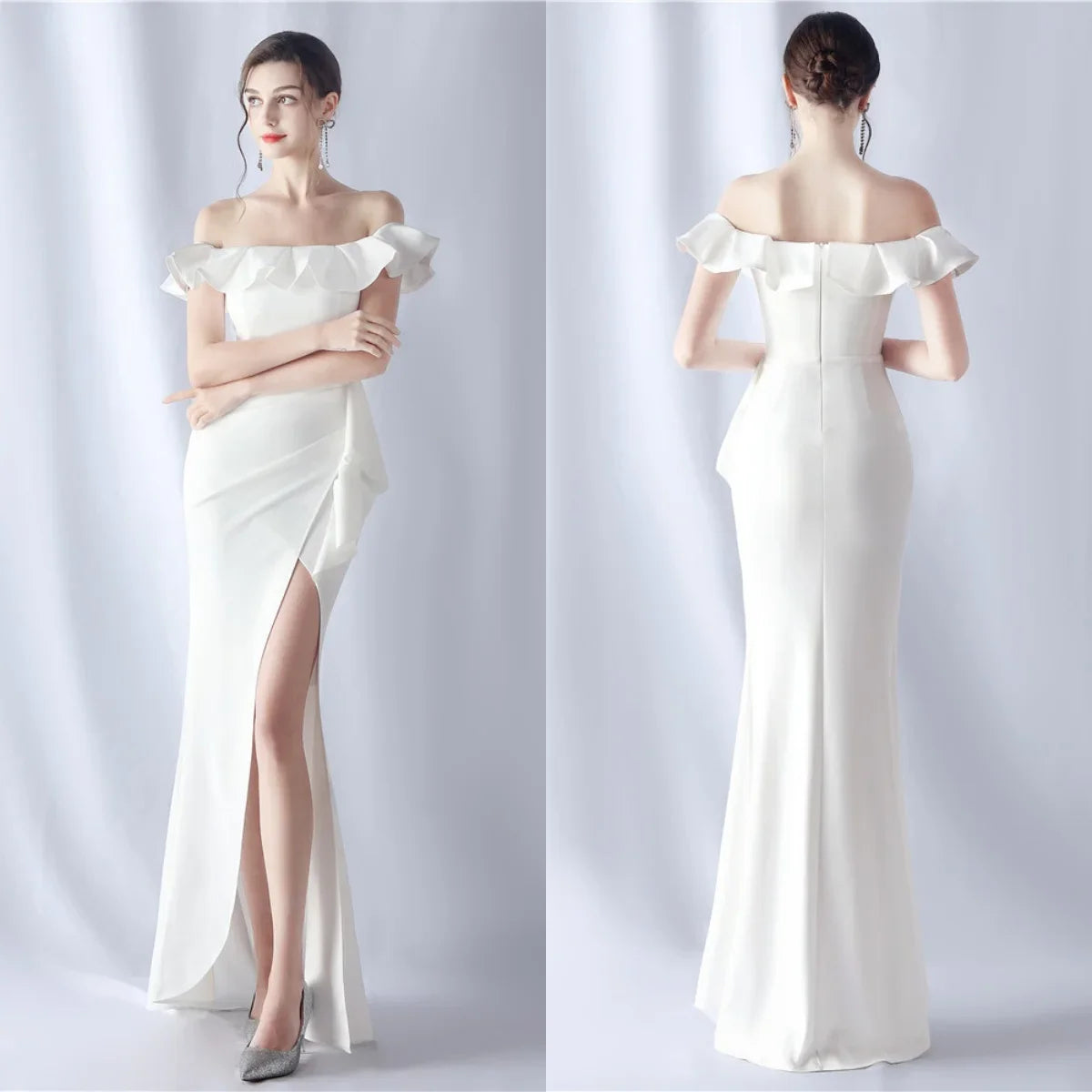 Maxy Evening Dresses White Stretchy Off the Shoulder Ruffles Zipper Back Mermaid Trumpet Floor Length Women Party Formal Gowns YE037