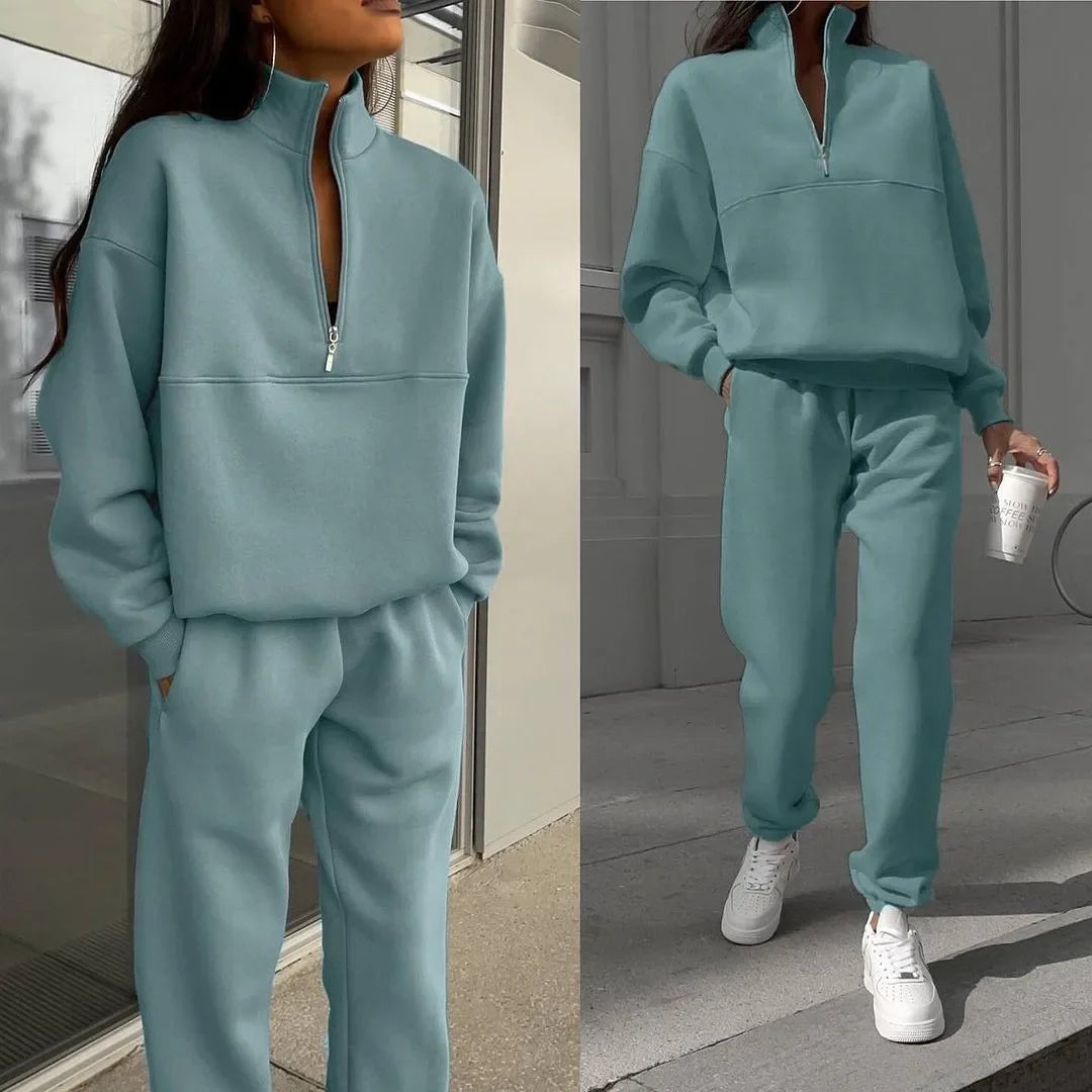 Maxy Casual Pants Sets Woman Autumn Loose Pullovers Zippers Long Sleeve Women's Tracksuit Elastic Waist Solid Trousers Sets All-match
