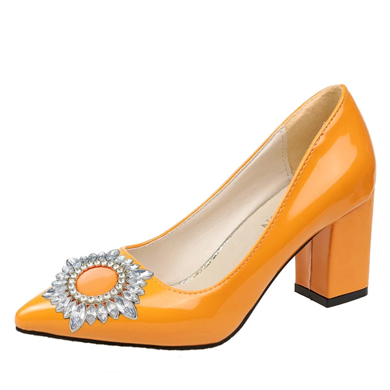 Amay Extravagant Crystals Buckle Pumps Women's Shoes 7cm Chunky High Heel Pointed Toe Patent Leather Shoes Female Plus Size 49 50