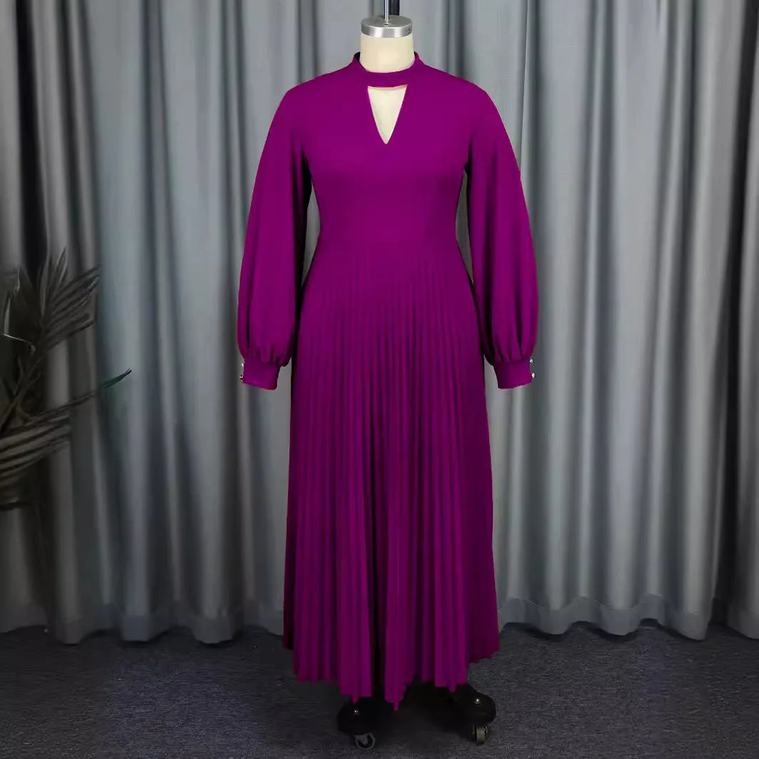 Maxy high-end hollow out small stand up collar party dress autumn lantern sleeve pleated dress