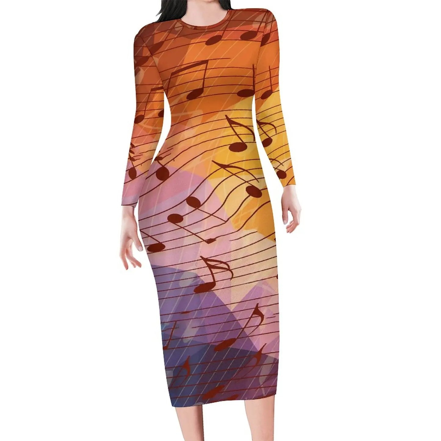 Amay Rainbow Music Notes Dress Long Sleeve Retro Print Kawaii Dresses Autumn Ladies Aesthetic Custom Bodycon Dress 3XL 4XL 5XL