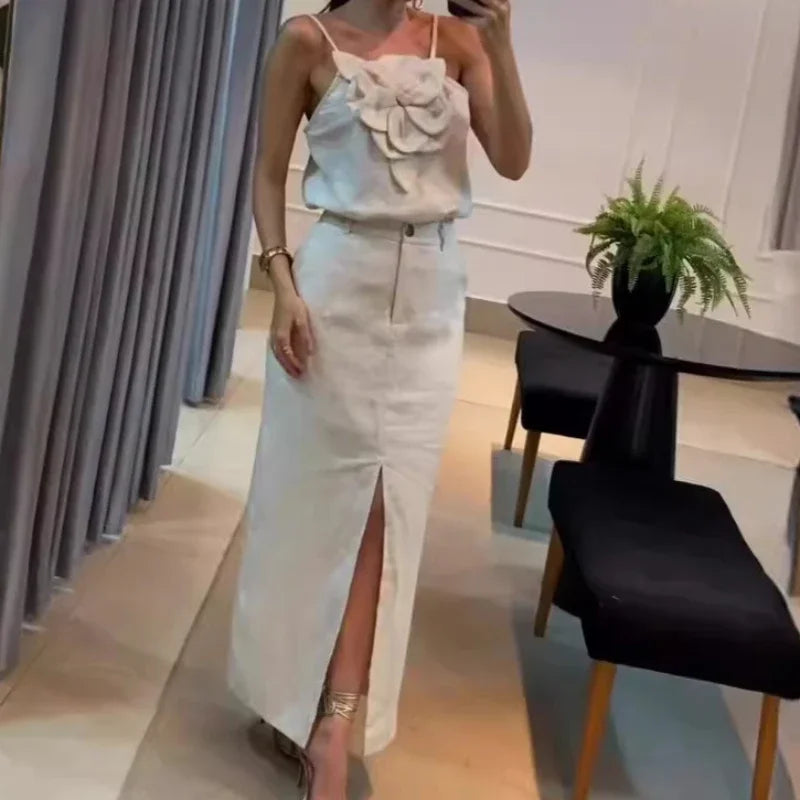 Maxy Skirt Set Women Dress Sets Two Piece Sets Slim Sling Sleeveless Floral Casual Short Tops Mid Length Skirts Elegant Splice Summer
