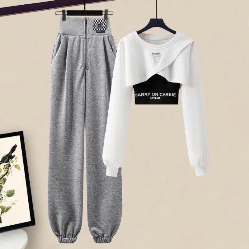 Maxy Korean Elegant Sportswear Suit Women's Spring Autumn Fashion Short Sweater+Suspenders+Pants Three Piece Female Tracksuit Set