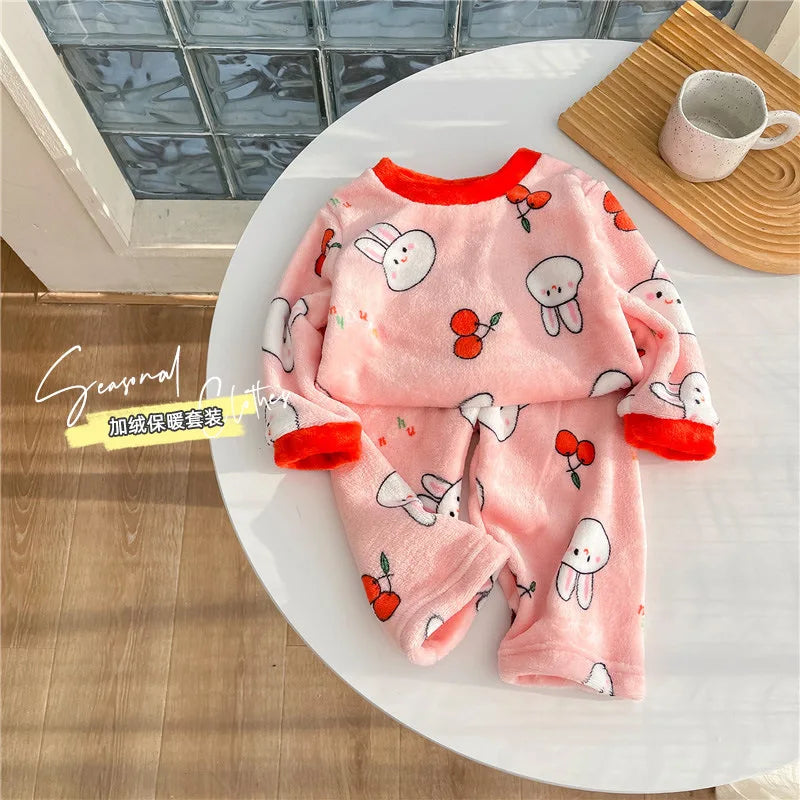 Maxy New 2024 Autumn Winter Kids Thick Warm Flannel Pajama Sets Baby Boys Girls Cartoon Long Sleeve O-neck Clothing Sleepwear Pyjamas