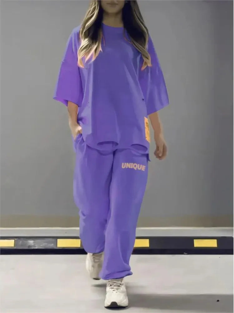 Maxy Summer New Fashion Hollowed Out O Neck T Shirt Women's 2 Piece Set Solid Color Casual Relaxed Tracksuit Pants Pocket Female Suit