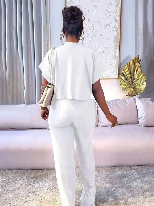 Maxy Street Fashion Women's Set Short Sleeve Shirt and Wide Leg Pants Two 2 Piece Set Outfit Tracksuit