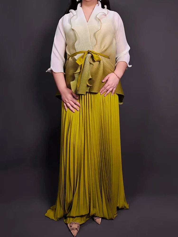 Amay Gradient Pleated Fashion 2 Piece Sets Belt Waist Batwing Sleeves Ruffles Tops A-line Long Dresses Elegant Party Set 32R1391
