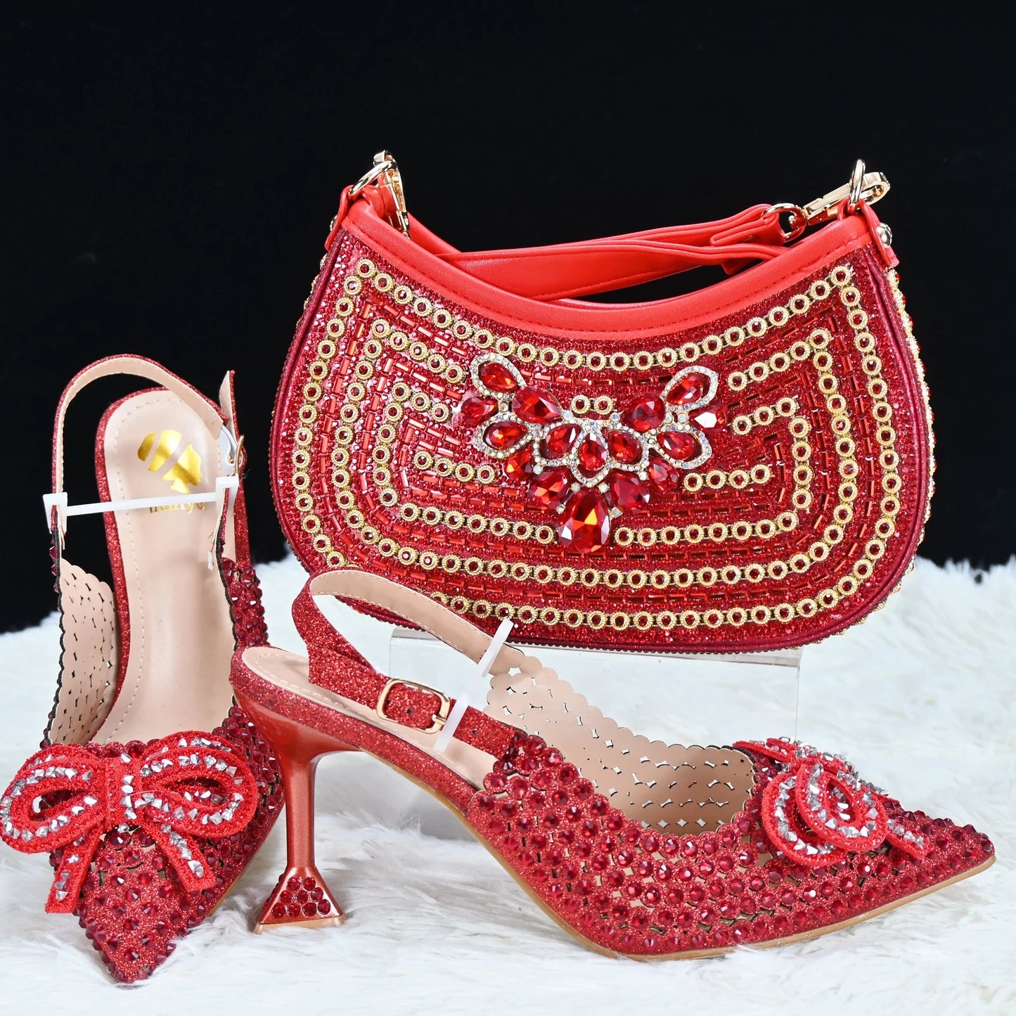 Momsey  New Arrival African Wedding Shoes and Bag Set peach Color Shoes with Matching Bags Ladies party shoes