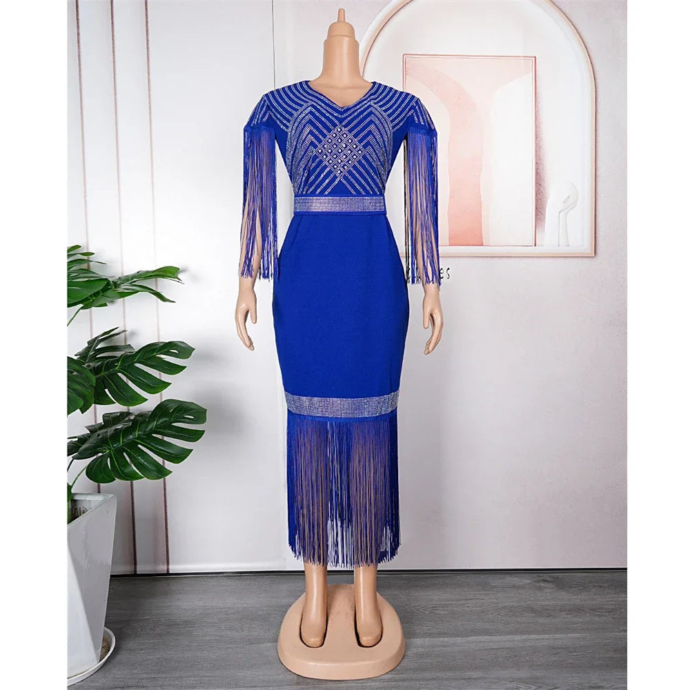Maxy Plus Size African Party Dresses for Women New Dashiki Diamonds Tassel Ankara Evening Long Gowns Turkey Robe Africa Clothing