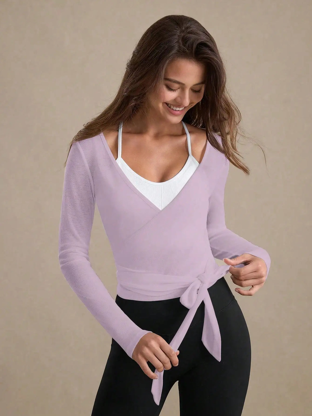 Maxy Women's Long Sleeve Wrap Crop Top With Tie-Up Detail Casual Sporty