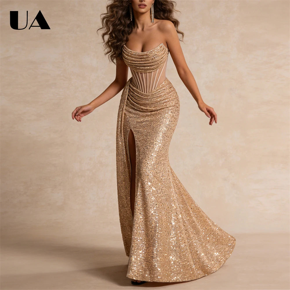 Maxy Women's Sequin Strapless Prom Dress Ruched Bodice High Slit Mermaid Gown Formal Evening Wedding Guest Ball Gown Sparkly Party