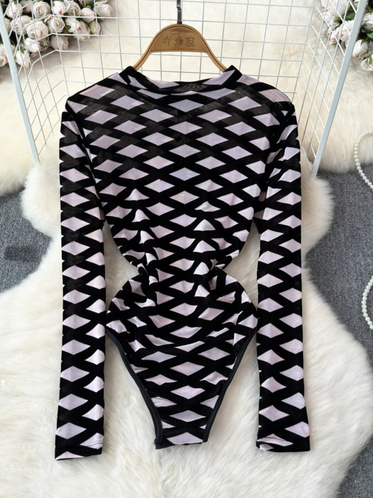 Maxy Foramina Bodysuits Women Fashion Hollow Out Mesh Long Sleeve Stand Collar Plaid Pattern Slim Waist Bodycon Night Club Body Tops