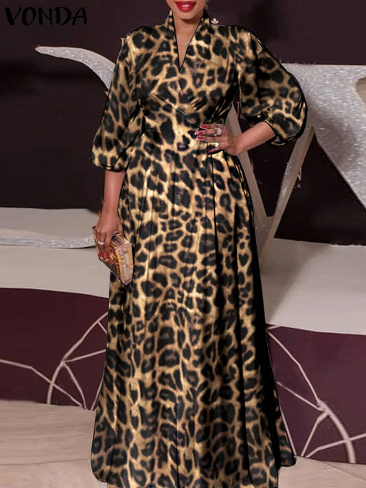 Maxy Plus Size 5XL Autumn Bohemian Dress Elegant Women Leopard Print Dress Long Lantern Sleeve Loose V Neck Casual Party