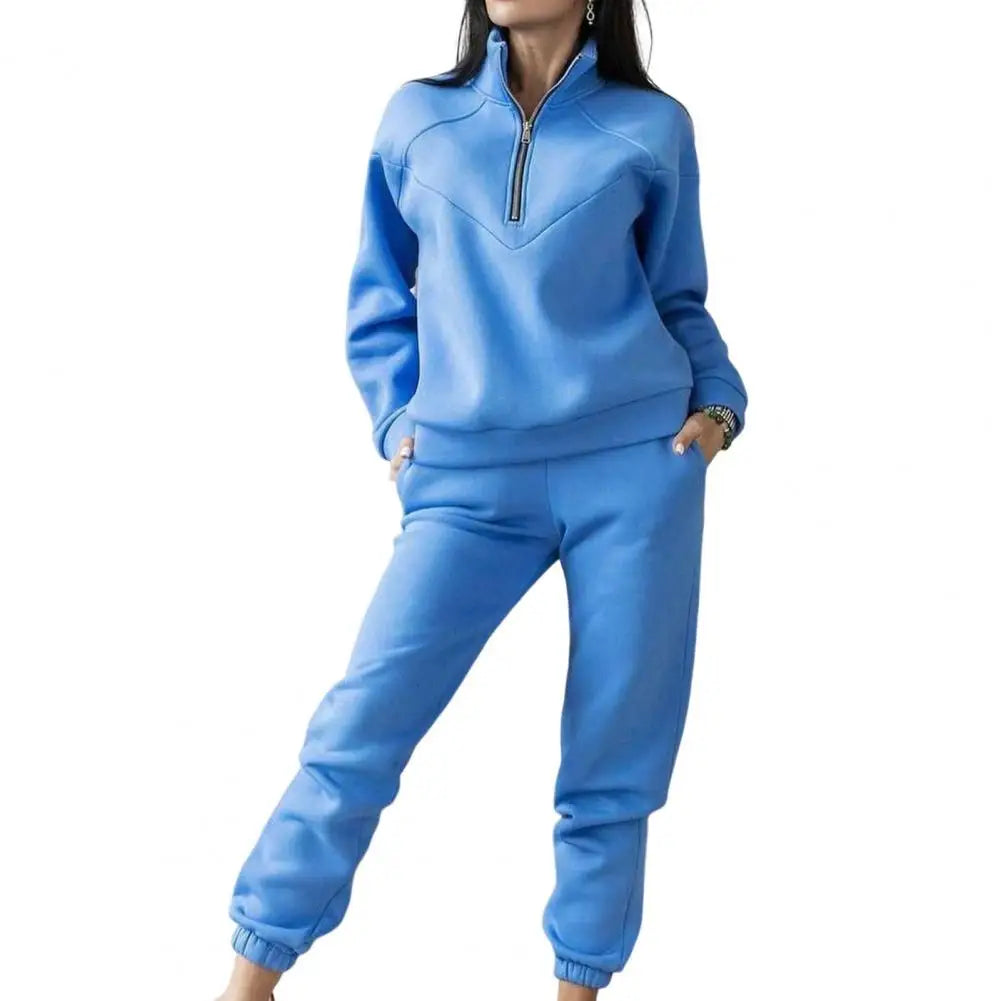 Maxy 2 Pcs/Set Fall Sweatshirt Pants Set Loose Warm Stand Collar Elastic Waist Lady Autumn Tracksuit for Daily Wear