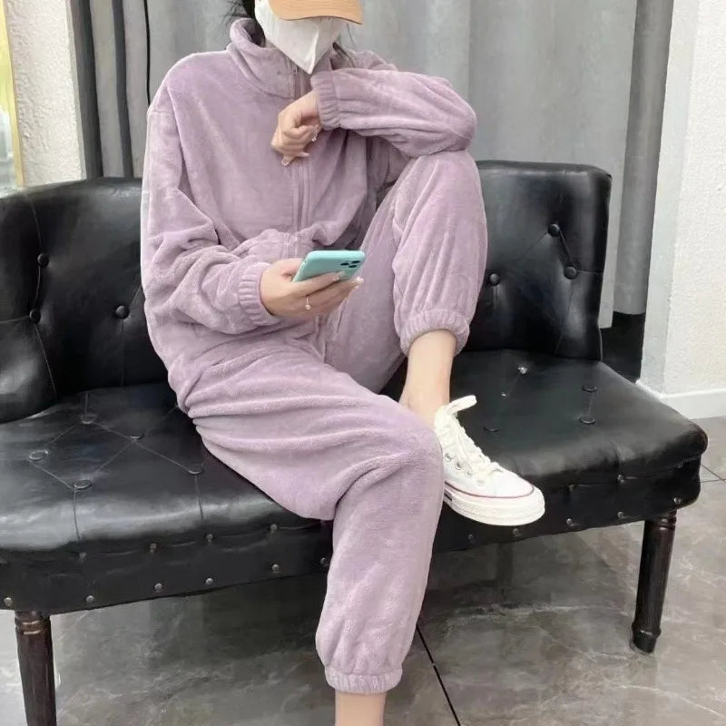 Maxy New Pajamas Women's Autumn and Winter Coral Fleece Fleece Thickened Warm Loungewear Korean Version Casual Suit Comfortable