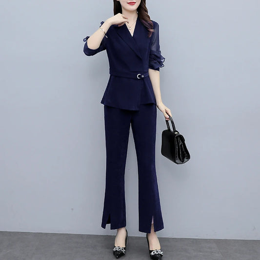 Maxy Women Oversize Solid Pants Sets New Spring Clothes Elegant V-Neck Long Sleeve Tops High Quality Female 2Pcs Outfits Suits