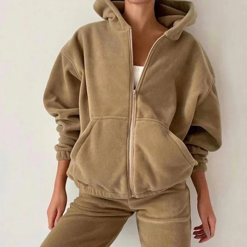 Women Tracksuit Autumn Winter Fleece Two Piece Sets Elegant Solid Oversized Warm Hoodies+Long Pant Sports Suit Ensemble Femme