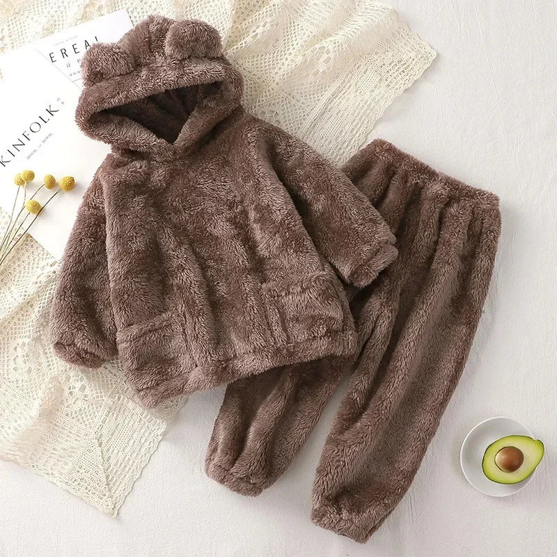 Maxy 1-4 Years Baby Boy Girl Clothes Pajamas Set Flannel Fleece Infant Toddler Child Warm Hooded Sleepwear Home Suit Winter Autumn