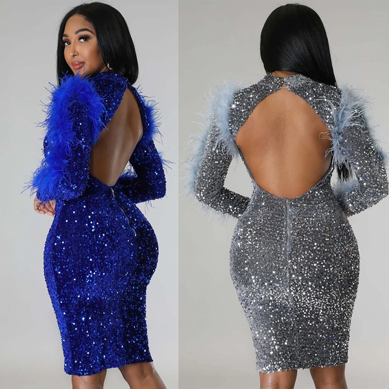 Maxy Royal Blue Sequin Dresses for Women Party Glitter Feather Winter Dinner Evening Dress Midi Backless Bodycon Club Birthday Dress