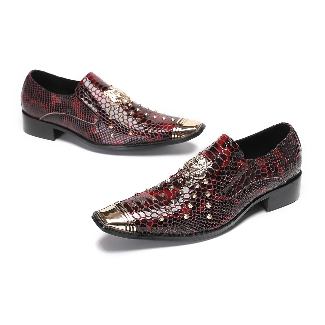 Amay Italian Metal Pointed Toe Male Dress Shoes Man Rivets Night Club Party Formal Shoes Slip on Oxfords Business Men Brogue Shoes