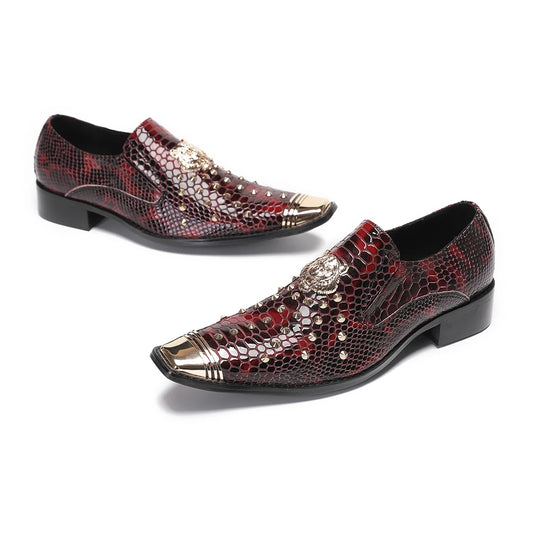 Amay Italian Metal Pointed Toe Male Dress Shoes Man Rivets Night Club Party Formal Shoes Slip on Oxfords Business Men Brogue Shoes