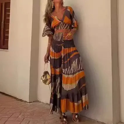 Maxy Boho Dress Women's Sexy Deep V-belt Top Set Skirt Pleated Slit Casual Beach Skirt Temperament Commuting Summer
