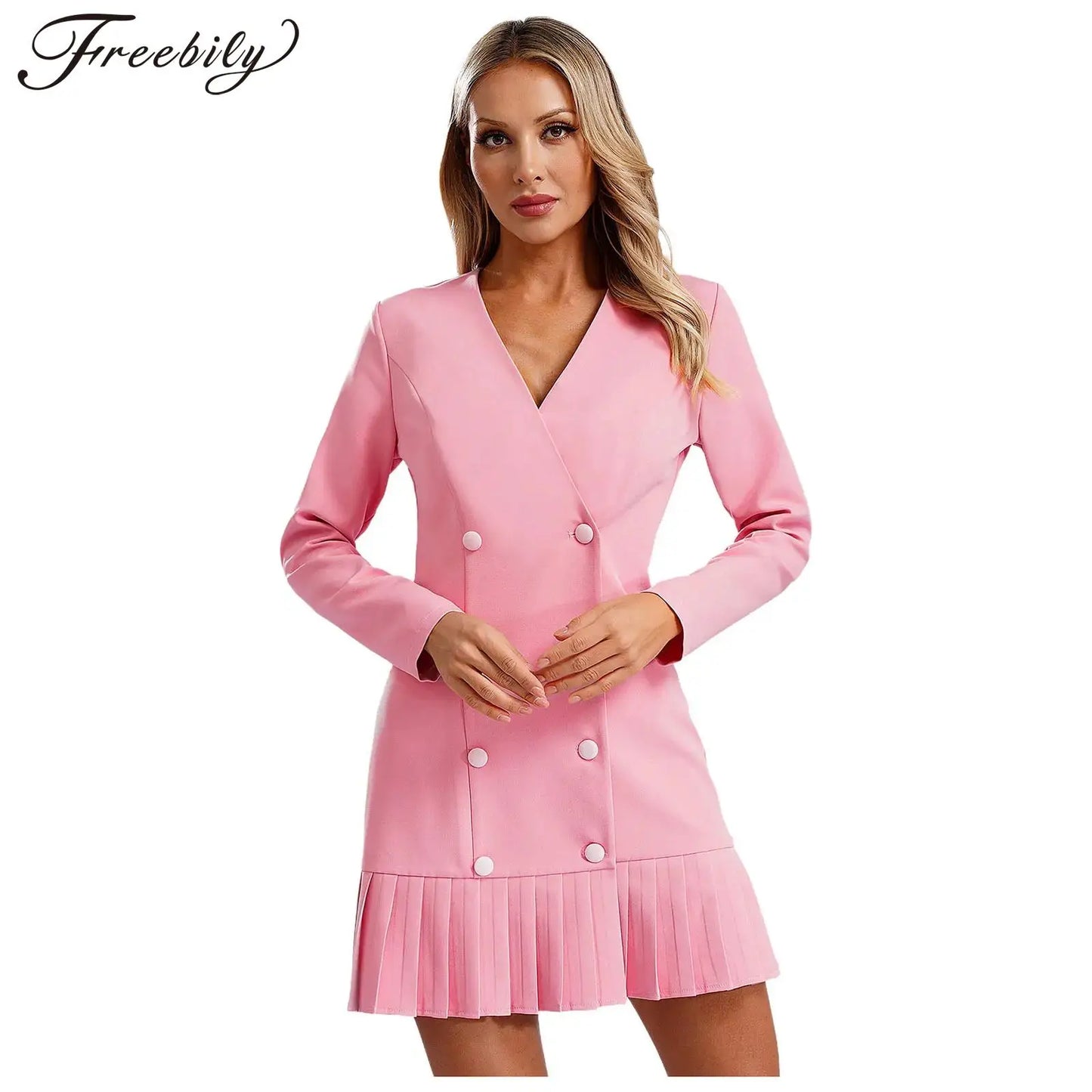 Maxy Fashion Women Blazer Dress Long Sleeve V-neck Pleated Hem Double-breasted Dress for Work Commuting Party Daily OL Formal Clothes