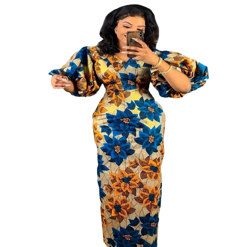 Women Dress Elegant Floral Maxy Printed Short Lantern Sleeve V Neck High Waist Slim African Female Celebrate Party Gowns