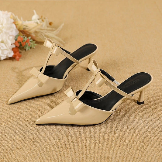 Maxy Elegant Patent Leather Bows Women's Heels Summer Sexy Pointed Toe High Heeled Slippers Fashion Design Sandals Ladies