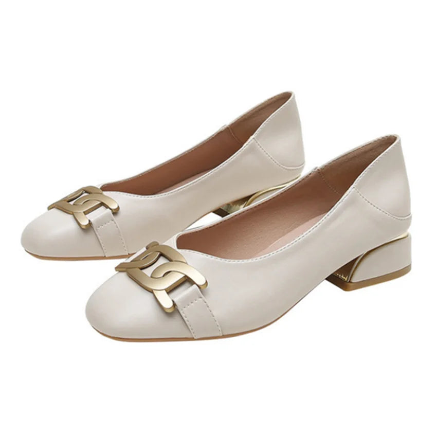 Amay New Women Med Heel Square Toe Pumps Office Lady Shoes Big Gold Metal Chain Soft Soles Slip on Leahter Shoes
