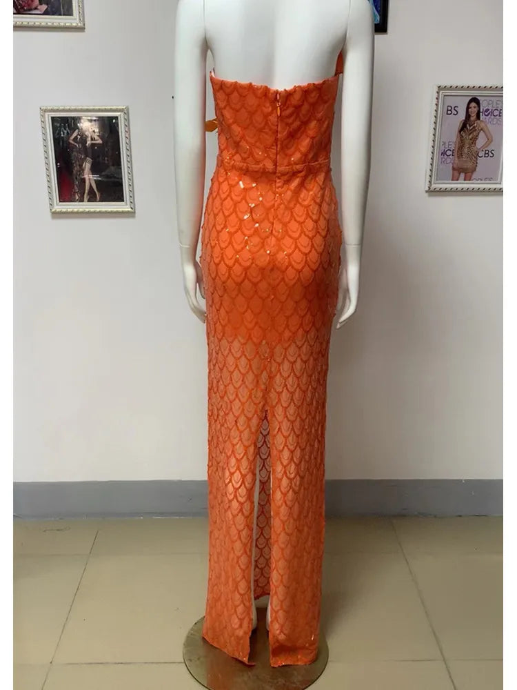 Babs Luxury Prom Gowns Women Orange Strapless Feathers Sequined Scale Two-Piece See-Through Celebrity Evening Party Dress Going Out