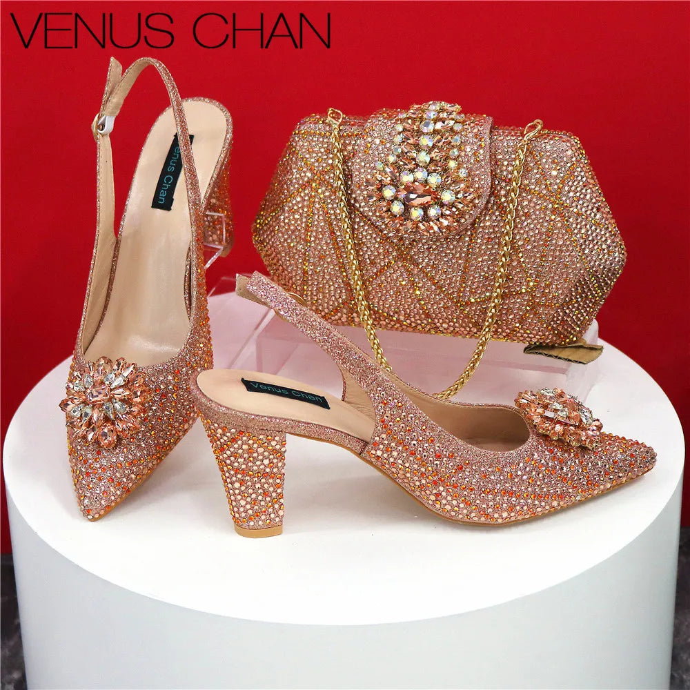 Maxy Shoes and Bags Matching Set Decorated with Rhinestone Full Diamonds Wedding Shoes Bride Designer Shoes Women Luxury