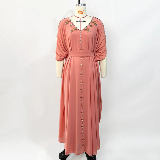 Maxy Eid Mubarak Pink Kaftan Dubai Abaya Turkey Islam Muslim Fashion Long Modest Dress Abayas For Women Robe Femme Musulmane