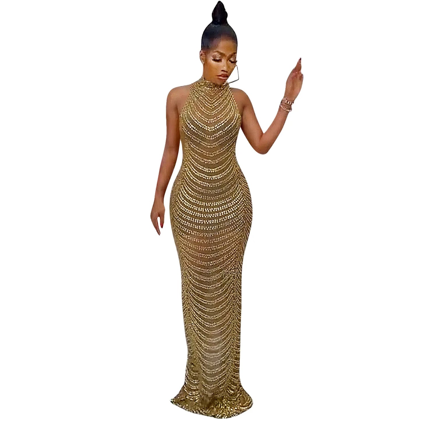 Maxy Sequins Party Dress Bandage Bodycon Maxy Robe Stand Collar Lone Sleeve Zipper Perspective Fishtail Long Dress African Clothes
