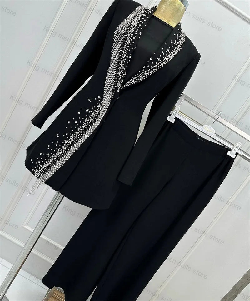 Maxy Luxury Crystal Black Women Suit Pants Set 2-Pieces Blazer+Trousers Beading Coat Formal Office Lady Jacket Tailored