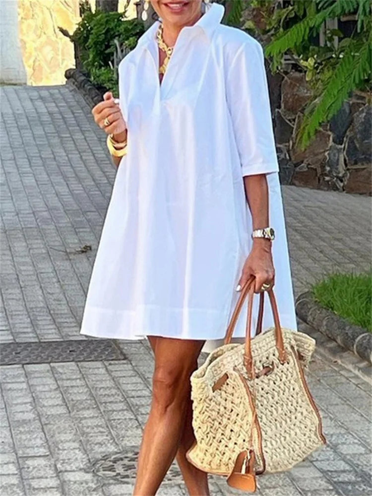 Maxy Urban Female Fashion Solid Color Lapel Mini Dresses New Summer Half Sleeves Loose Casual Office Commute White Dress