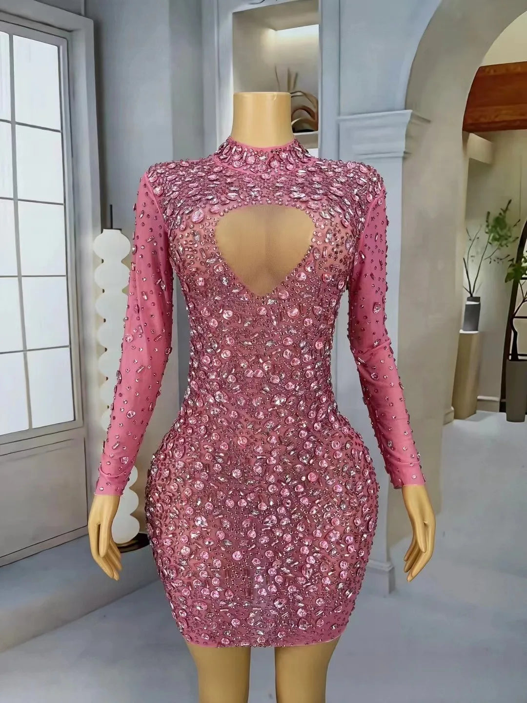Maxy Lady Crystals Diamond Wedding Dress Long Sleeve Elegant Pink Party Show Dress Women Luxury Birthday Club Diamond Evening Dress