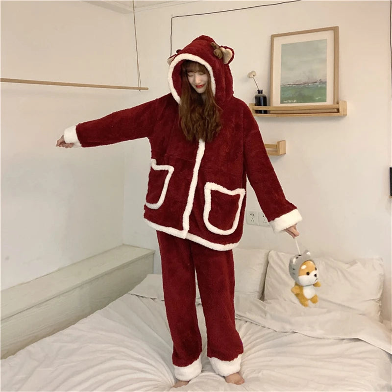 Winter Women Pajamas Christmas Red Reindeer Hooded Set Lounge Homewear Sleep Wear Warm Fluffy Comfy Cute Sweet Kawaii Pajama