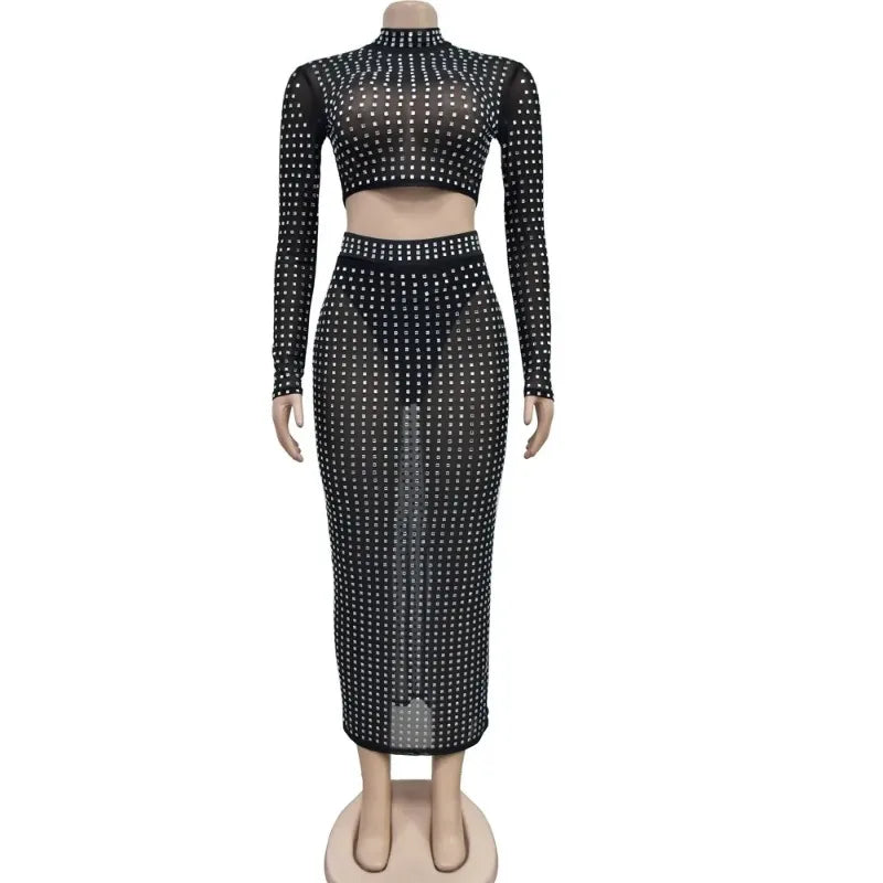 Maxy Luxury Rhinestone Studded Two Pieces Sets For Women Glam Sheer Mesh Crystal Crop Top And Matching Skirt Set Clubwear