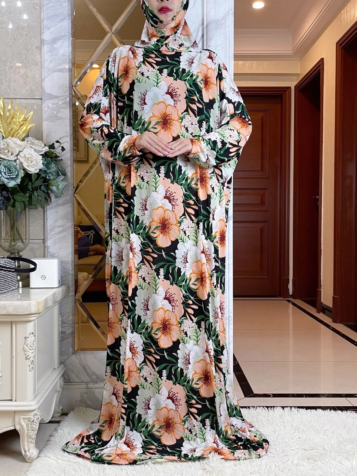 Maxy Muslim Women Hooded Abaya Turkey-African Prayer Garment Kaftan Dress With Hijab Floral Prints Dubai Saudi Robe Ramadan