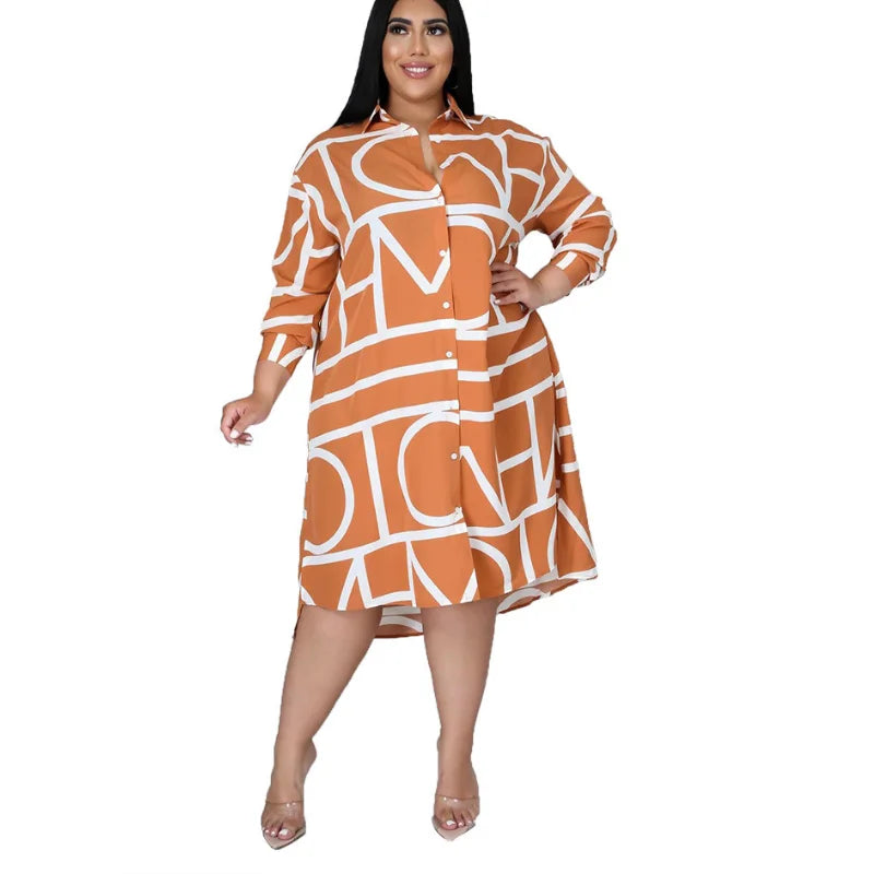 Maxy L-5XL dress A Dresses for Women Summer Geometric Print Long Sleeve Shirt Dress African Clothes Robe Femme