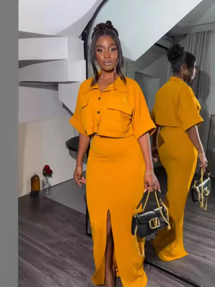 Maxy Fashion Casual Office Women Clothing New Summer Women Long Dress Set Lapel Solid Short Shirt Top Split Half Skirt 2-piece Set