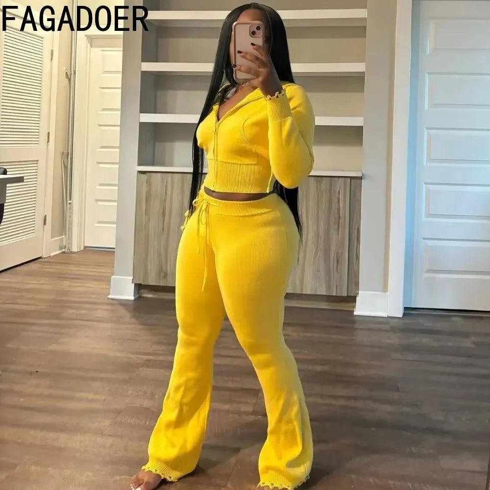 Maxy FAGADOER Casual Knitting 2 Piece Sets Women Outfit Solid Color Zip Crop Hooded Top + Flare Pants Suits Female Streetwear