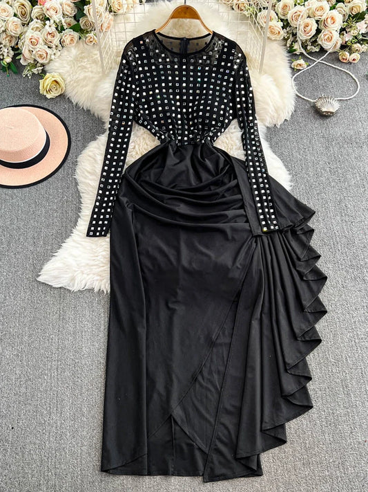 Maxy Elegant Sequin Mesh Irregular Flounce Dress Spring New Women's O-neck Long Sleeves Contrast Color Long Dresses 27X1905