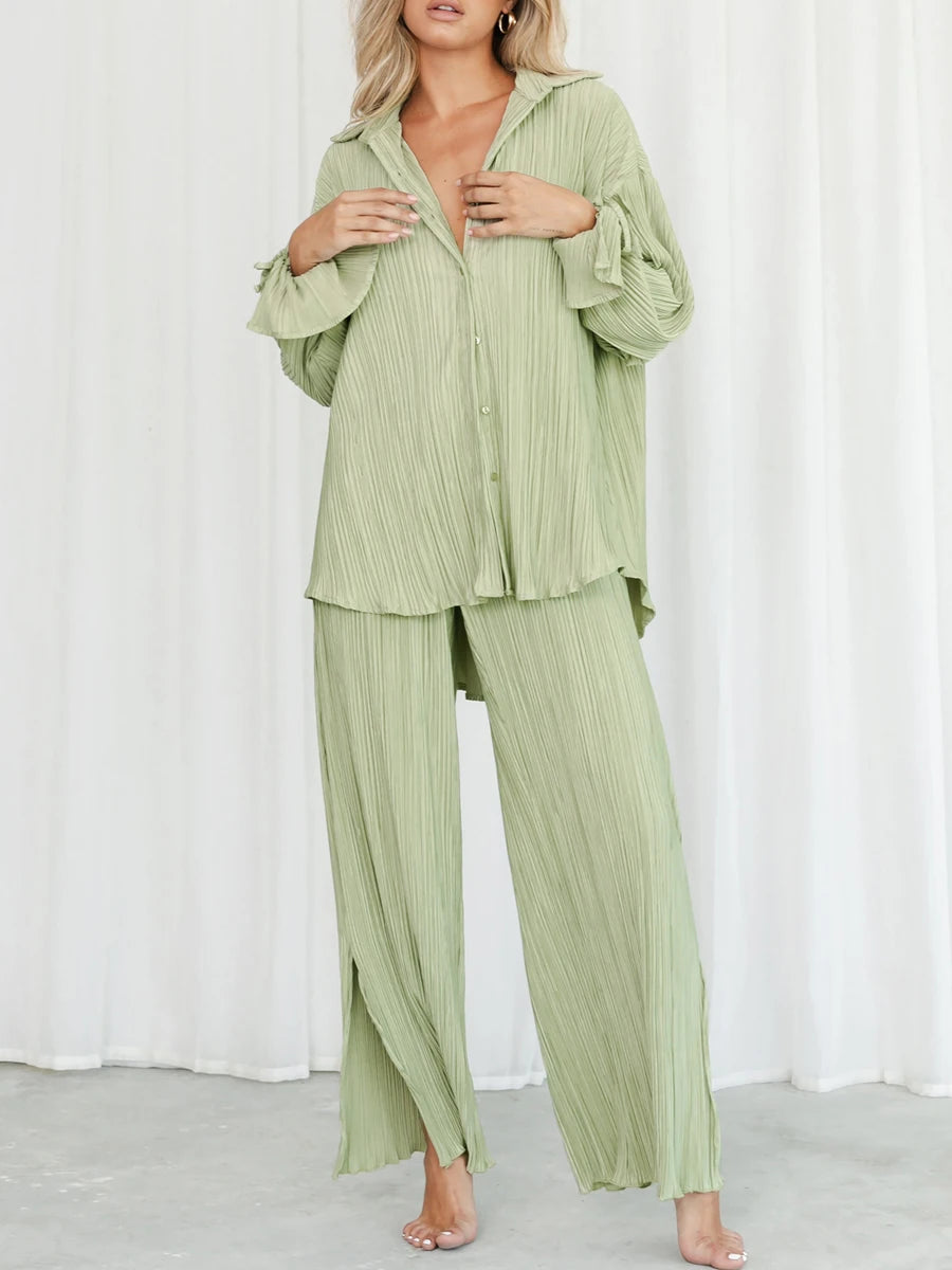 Maxy Women Pleated Pants Suits Set Casual Chic Solid Color Long Sleeve Oversized and Wide Leg Pants Trousers 2023 Elegant Tracksuit