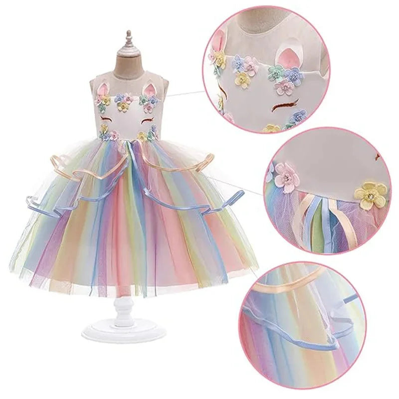 Maxy Children's Unicorn Princess Dress For Birthday Girls Party Dresses Elegant Rainbow Evening Dress Festive Performance Costume